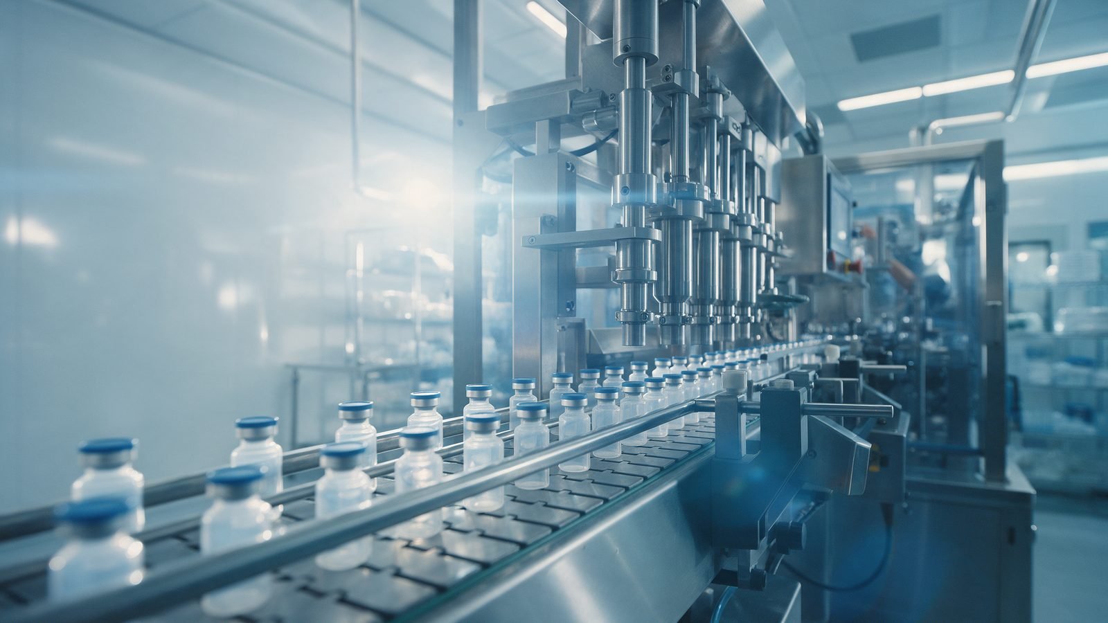 Form-Fill-Seal sterile vial filling line inside a blue-lit pharmaceutical clean room